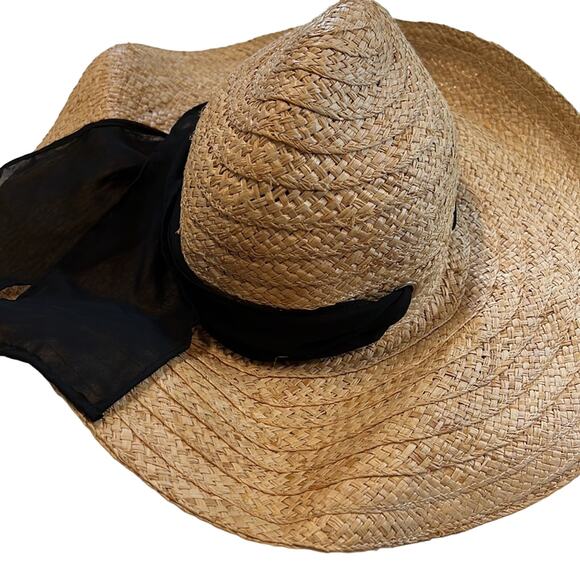 Kathy Jeanne Floppy Tan Straw Sunhat w/ Black Scarf, NWT! - Picture 1 of 5